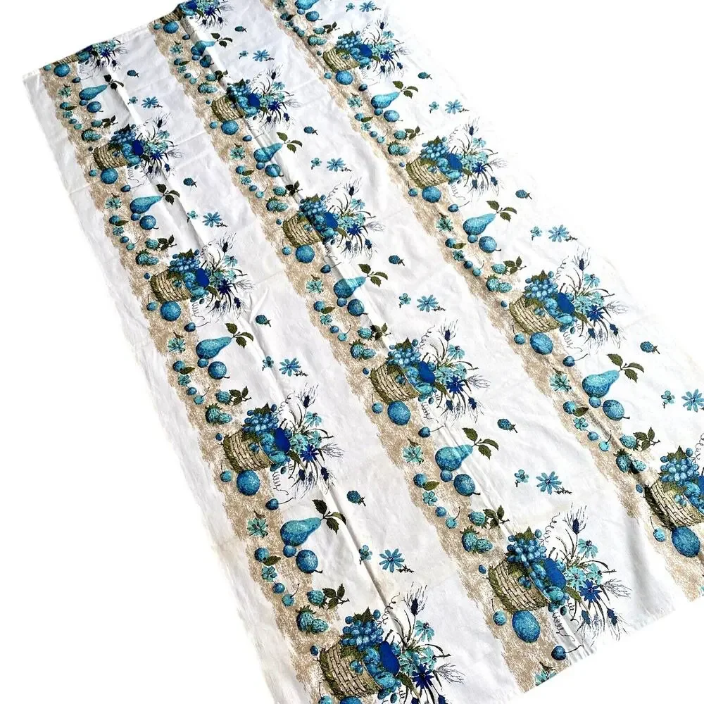 Vintage Tablecloth 70’s Handmade Picnic Buffet Cloth Aqua Blue Tan Fruit Basket